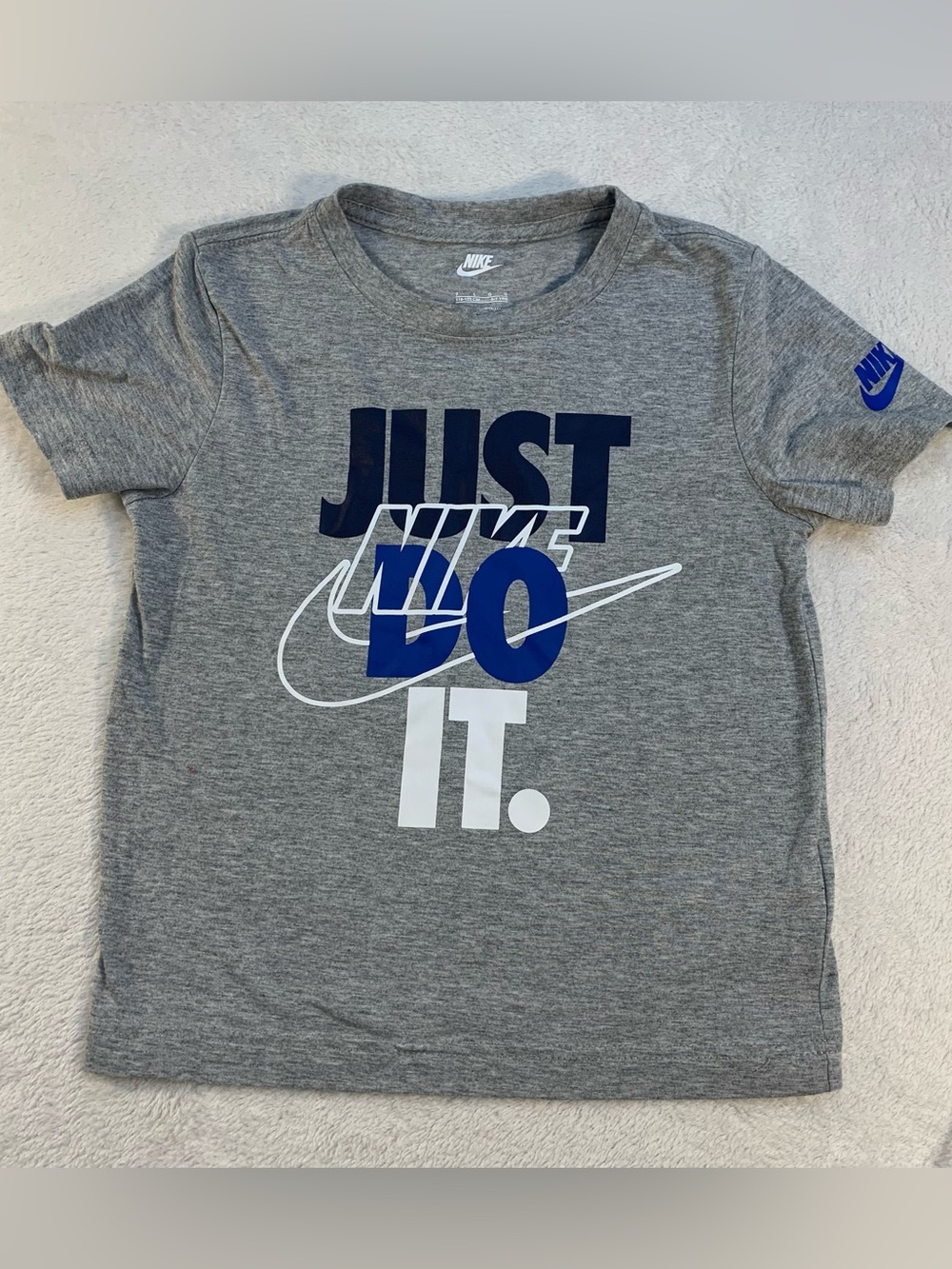 Nike Kids 7 Gray Tee with Navy & Royal Blue 'Just Do It' Graphic